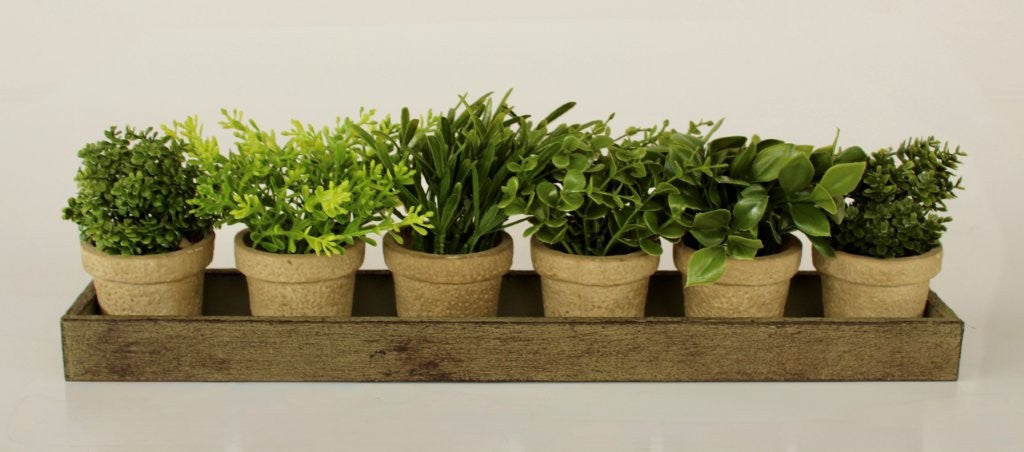 6 SMALL FAUX HERB POTS IN WOOD TRAY
