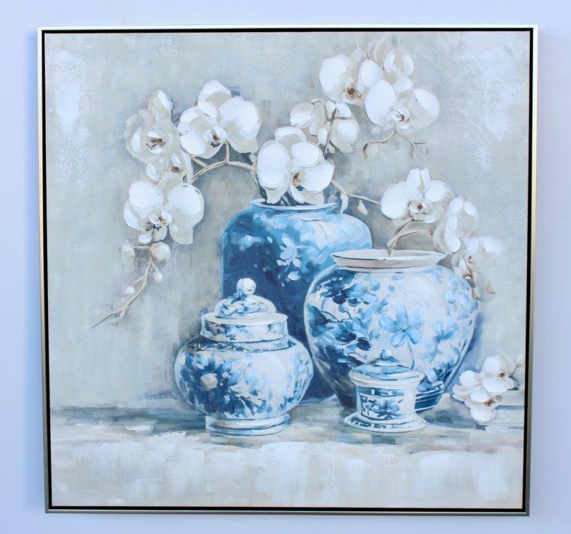 Extra Large Handpainted 4 Blue Pots with Orchids Picture