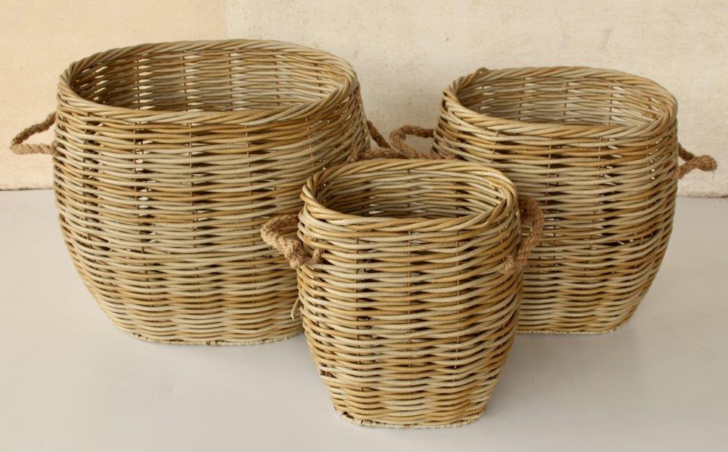 Set of 3 Synthetic Rattan Oval Outdoor Baskets