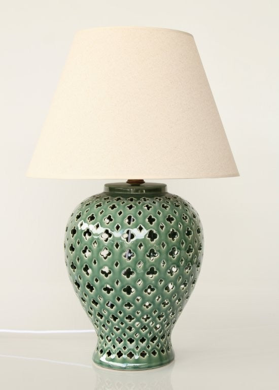Green Cut-Out Ceramic Lamp Base Beige Shade