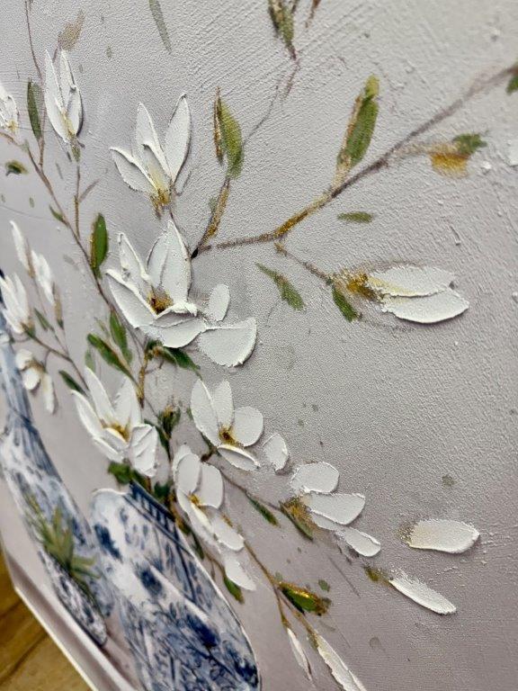 Extra Large Handpainted 4 Blue Pots with White Flowers Picture
