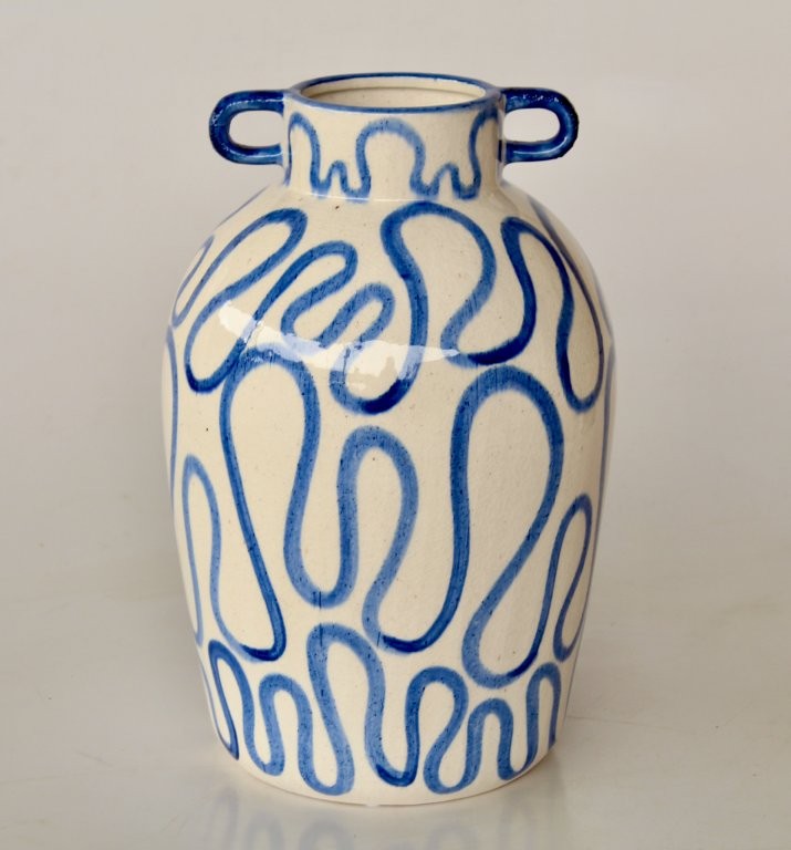 Blue Squiggle Ceramic Vase With Handles