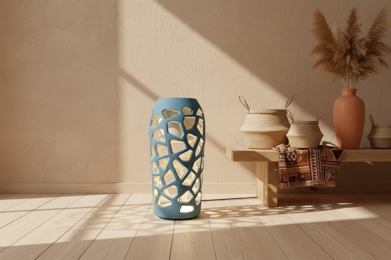 Decorative lamp with geometric pattern on a white background