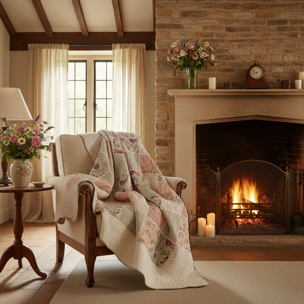 A patchwork quilted blanket with a scalloped edge, featuring square floral and solid patterned panels in soft pink, beige, and white, with a folded corner showing the dotted backing fabric.