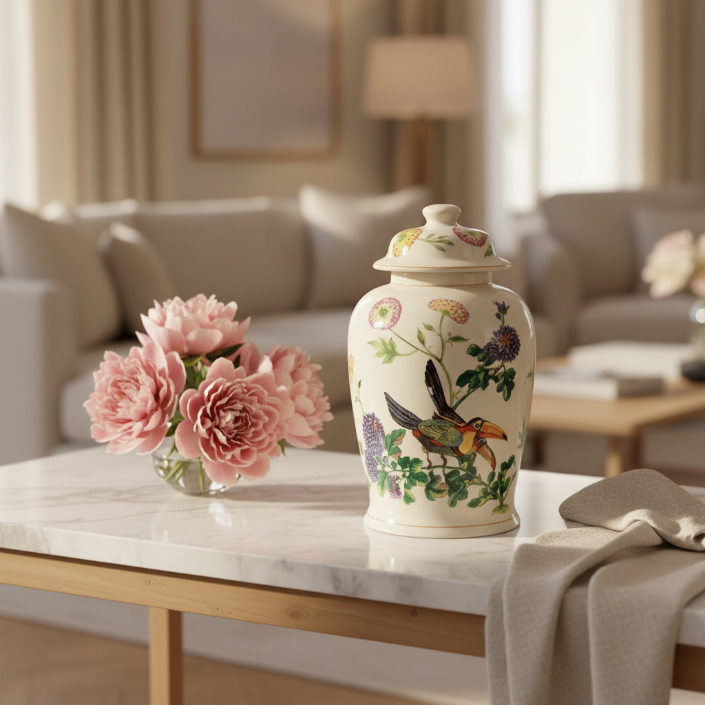 Decorative vase with bird and floral design on a plain background