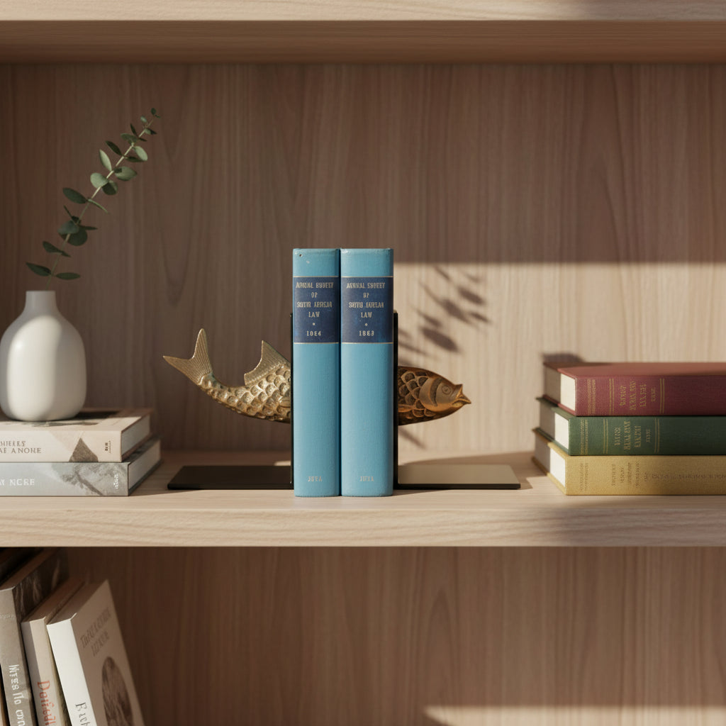 A pair of decorative fish-shaped bookends holding up two blue hardcover books on a plain white background.