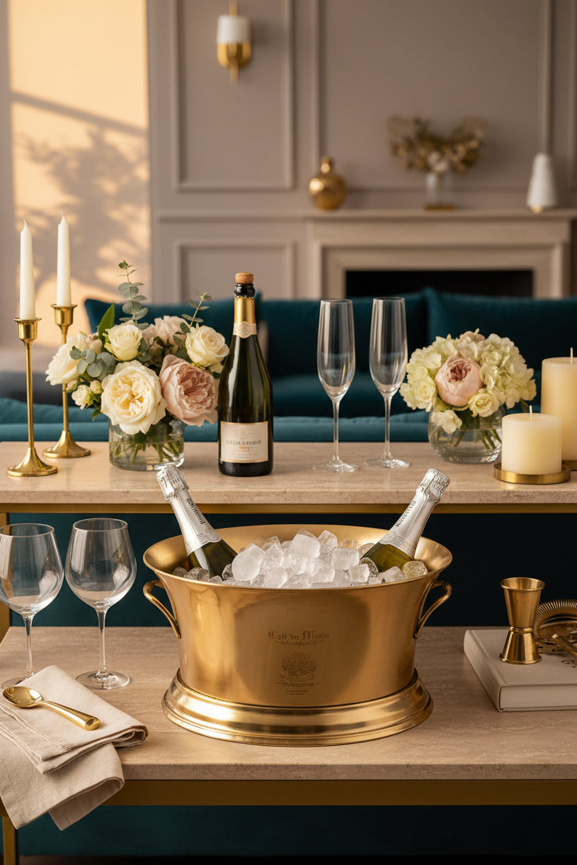 A polished brass ice bucket with two side handles and a branded 'Cafe du Monde' crest on the front, set against a plain white background.