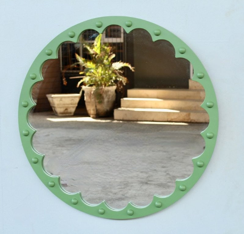 WOODEN GREEN ROUND BOBBLE MIRROR