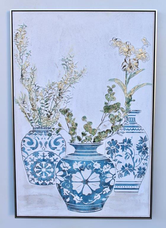 Extra Large Handpainted 3 Pots Green & Gold Flowers Picture