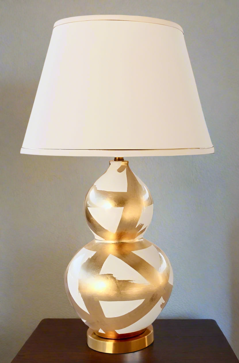 Off White & Gold Painted Lamp Base With Gold Trim Shade