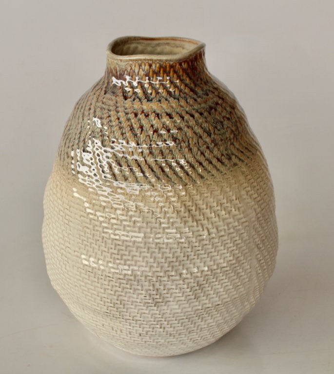 Extra Large Cream Basket Weave Ceramic Vase