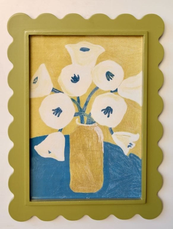 Green Scallop Frame with White Flower in Yellow Vase Picture
