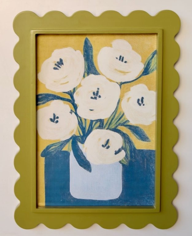 Green Scallop Frame with White Flower in Blue Vase Picture