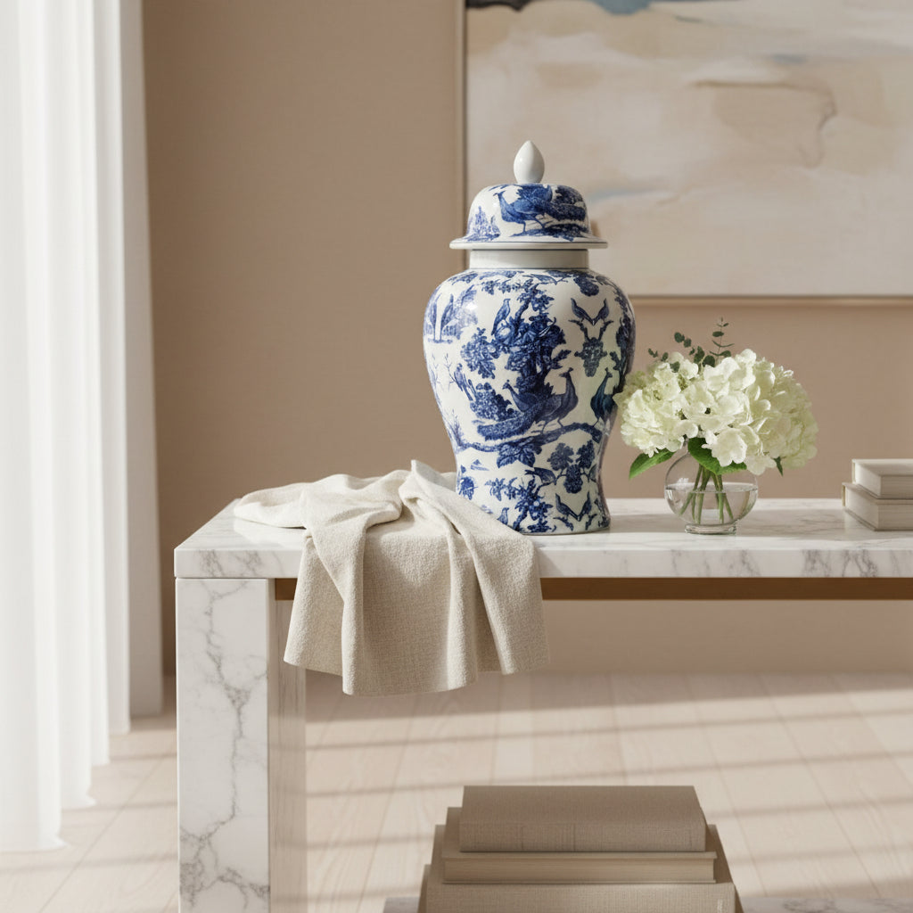 Blue and white floral-patterned ceramic jar with lid on a light gray background