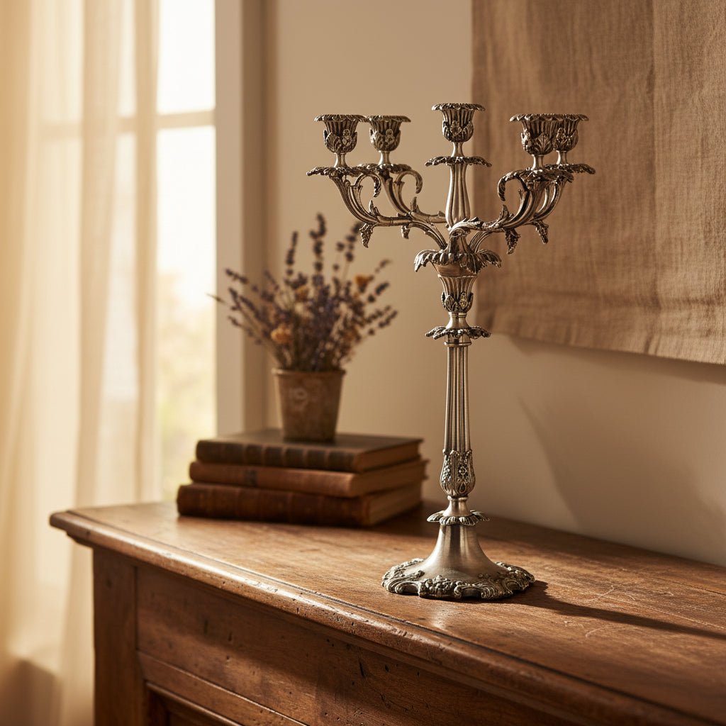 An ornate silver candelabra with five candle holders, featuring detailed sculpted floral and leaf motifs on its curved arms, stem, and decorative base, shown against a plain white background.