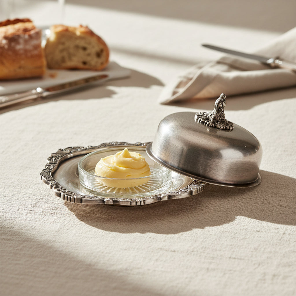 An ornate silver-toned metal brazier or decorative holder with a domed lid and small sculpted finial, shown open on a plain white background.