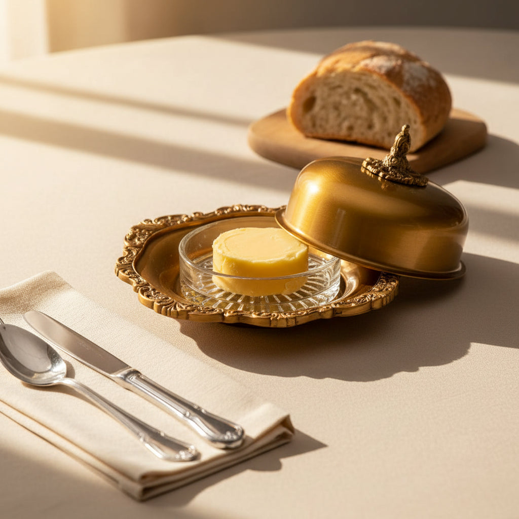 An antique brass covered dish with a scalloped rim and a matching dome lid featuring a small decorative finial, set against a plain white background.