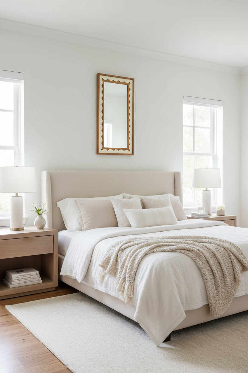 Decorative mirror with scalloped edge on a light gray wall