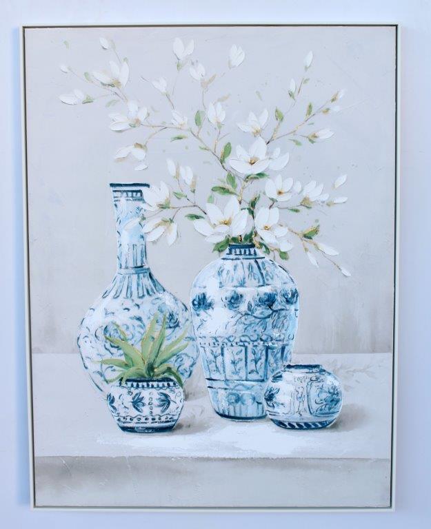 Extra Large Handpainted 4 Blue Pots with White Flowers Picture