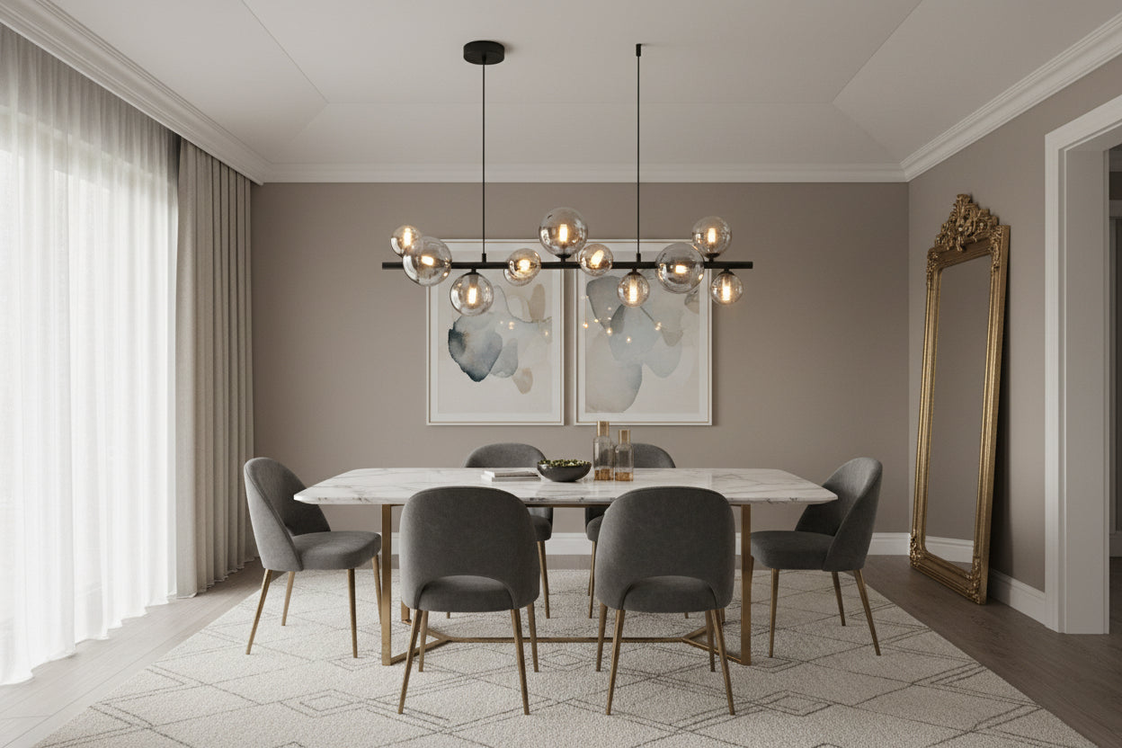 Modern chandelier with multiple glass bulbs on a black background