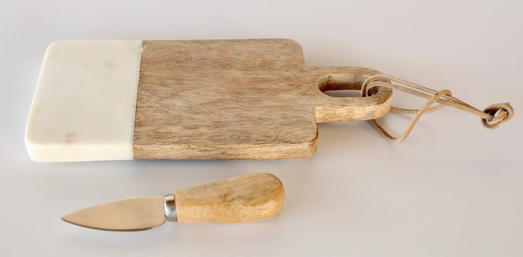 WOOD & MARBLE CHEESE BOARD WITH KNIFE