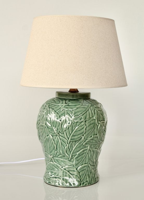 Green Leaf Ceramic Lamp Base Beige Shade
