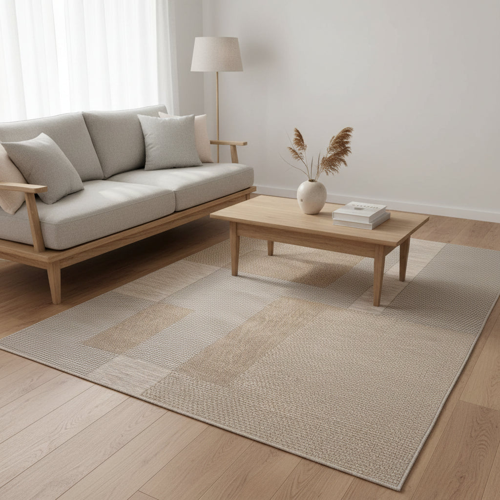 Textured fabric with a checkered pattern in neutral colors, magnified to show texture.