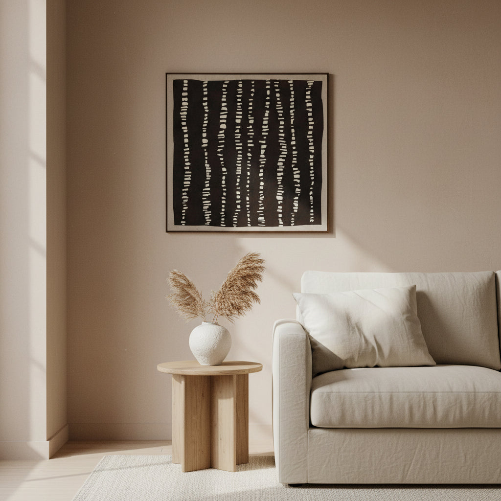 A square abstract wall art print featuring vertical black stripes with irregular white dash-like marks, bordered by a thin dark frame against a light gray background.