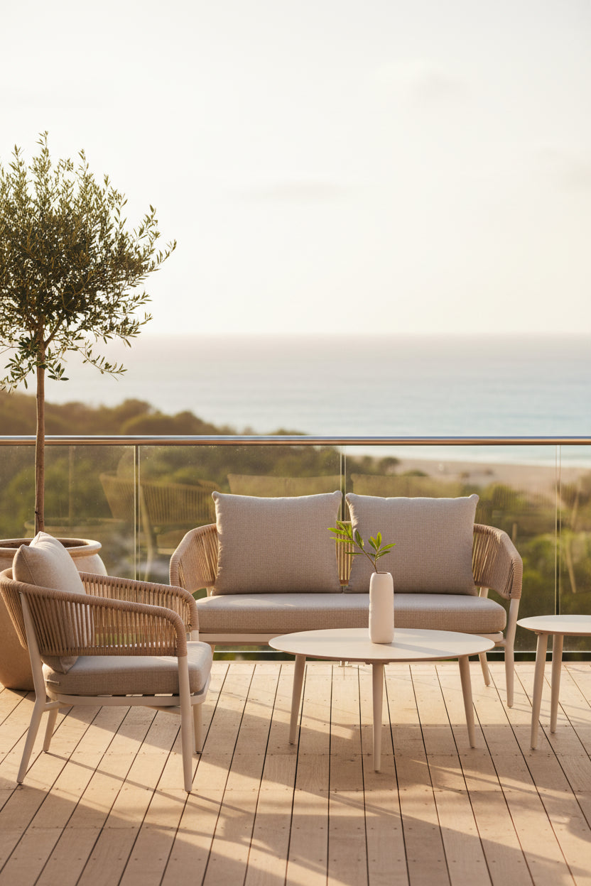 Outdoor patio furniture set including a two-seat sofa, two armchairs, and two round side tables, all featuring light beige cushions and woven wicker frames on a white background.