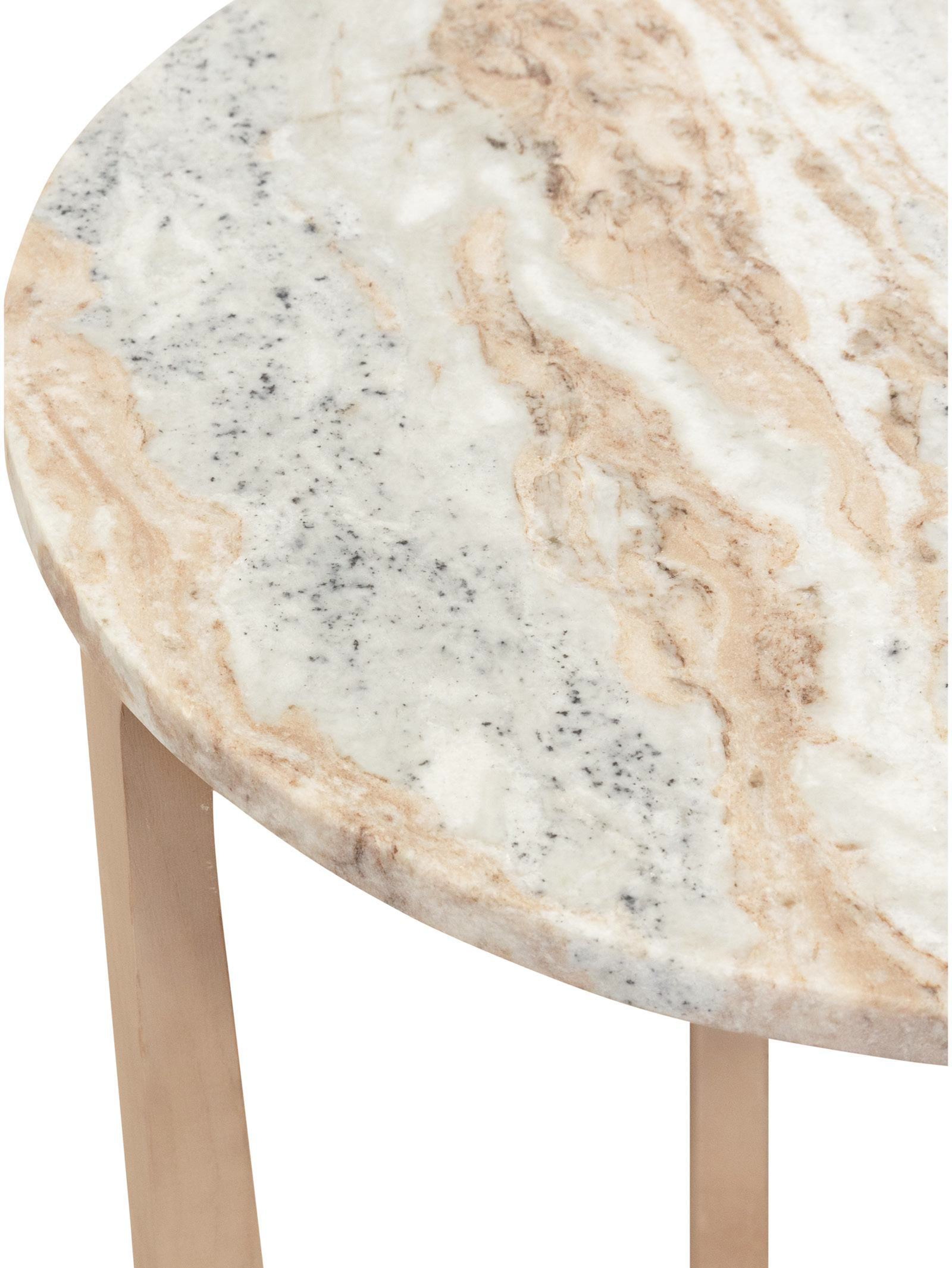 Round marble table with beige and gray pattern on a white background