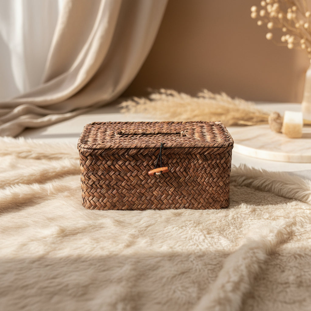 Woven brown basket with a lid on a wooden surface