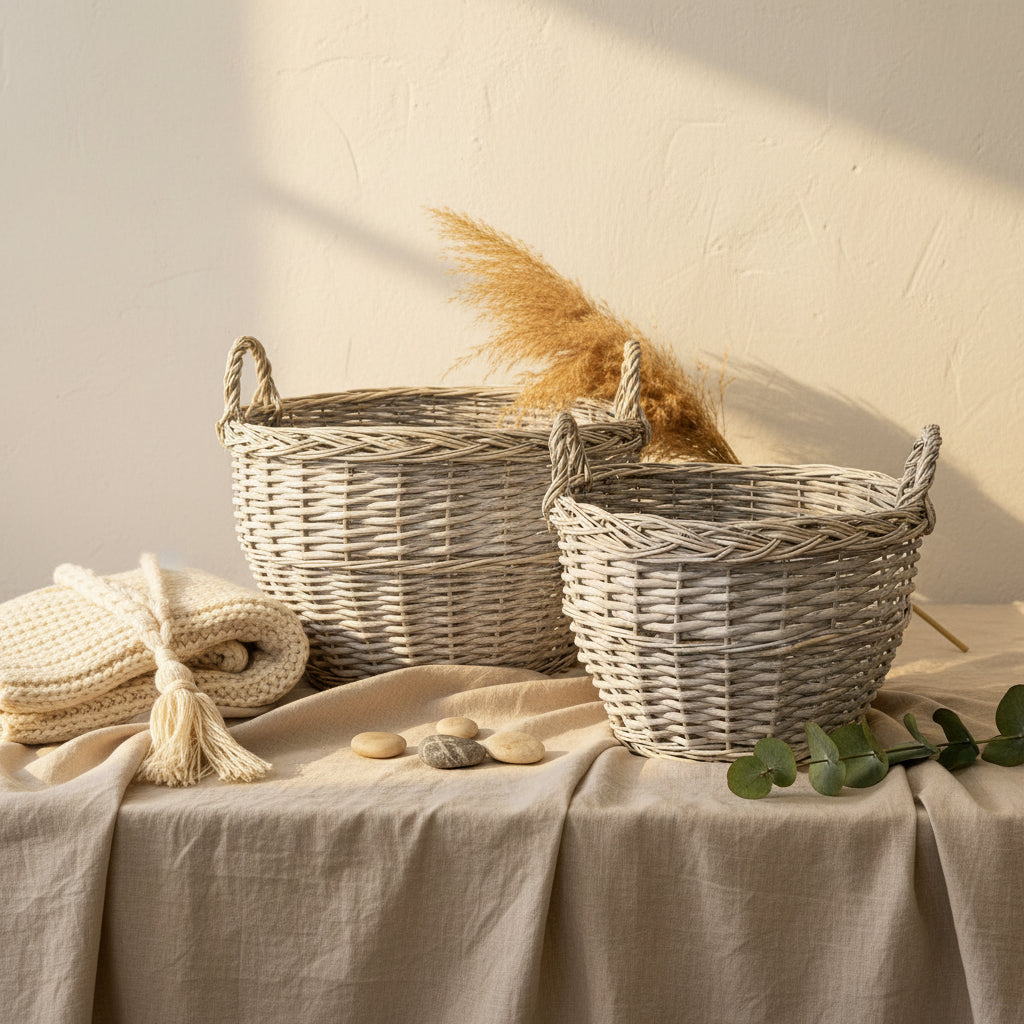 Two wicker baskets on a wooden surface with a green background