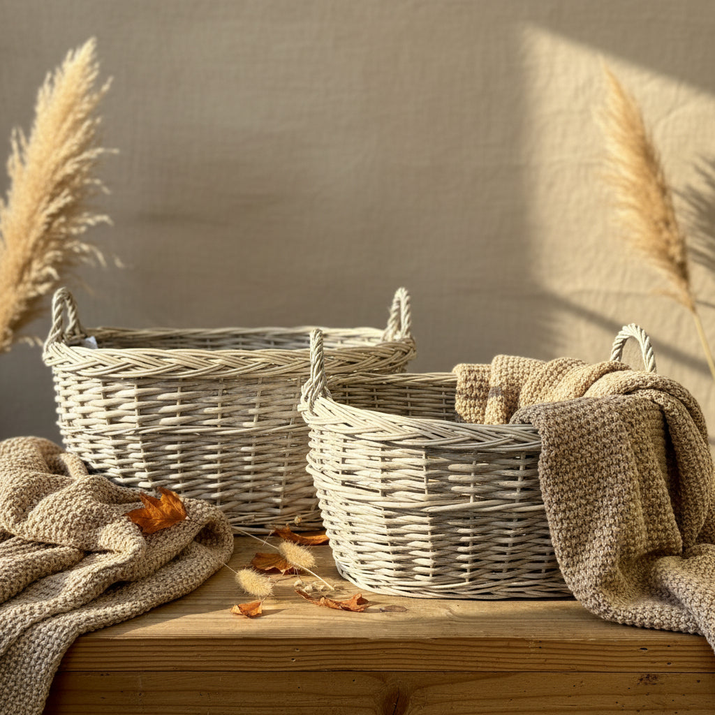 Two wicker baskets on a wooden surface with a green background