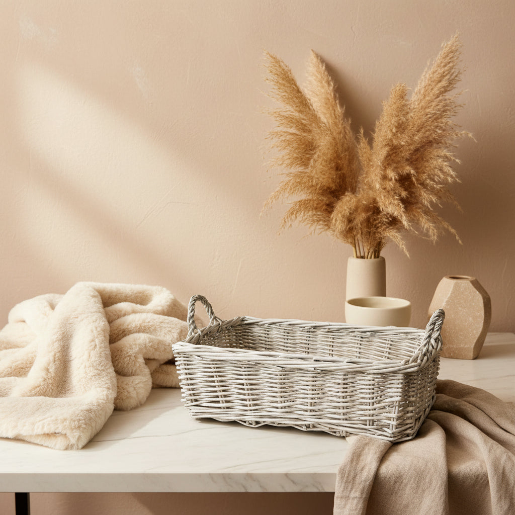 Wicker basket with handles on a wooden surface against a green background