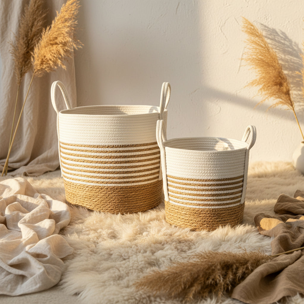Two woven baskets with striped design on a wooden surface against a green wall.