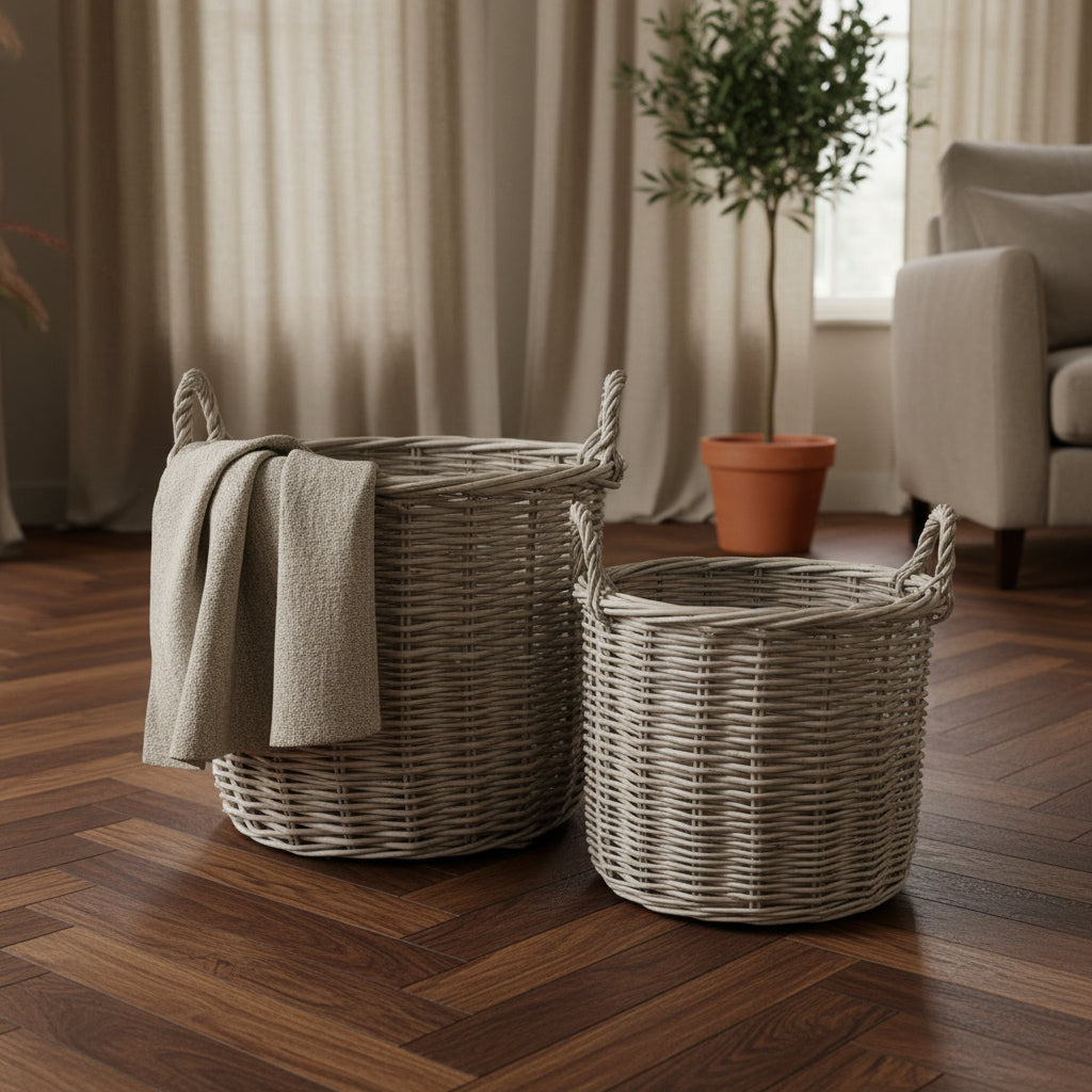 Two wicker baskets with handles on a wooden surface against a green wall.