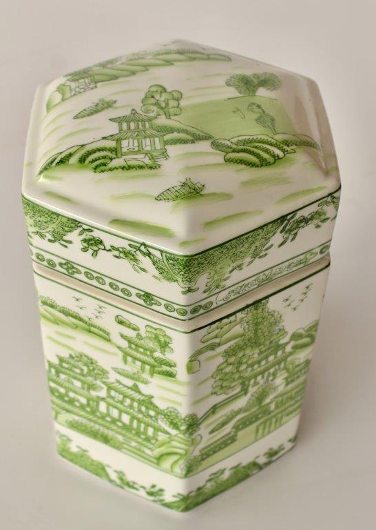 Large Lime Green Chinese Hexagonal Jar with Lid
