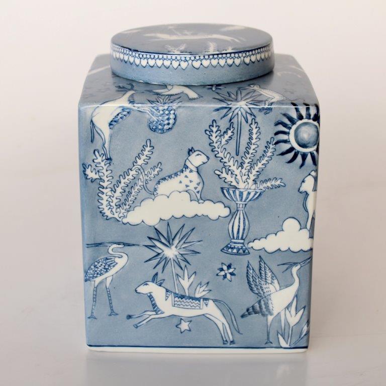 Large Blue & White Tiger Moon Square Jar with Lid