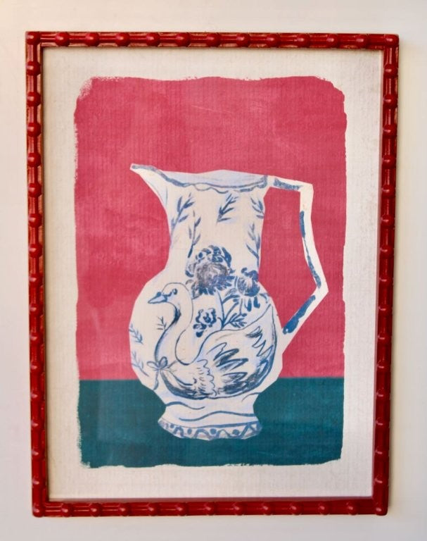 Blue Jug in Red Bobble Frame Picture