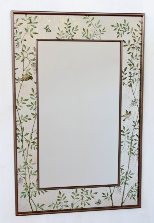 Large Rectangular Brown Frame Chinioserie Mirror