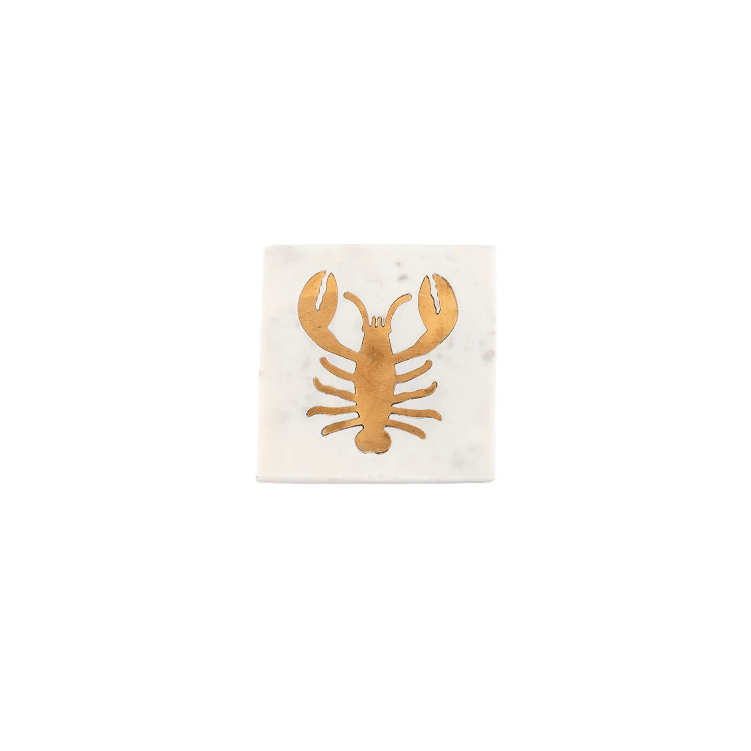 A square white marble coaster featuring a metallic gold lobster design in the center, isolated on a solid white background.
