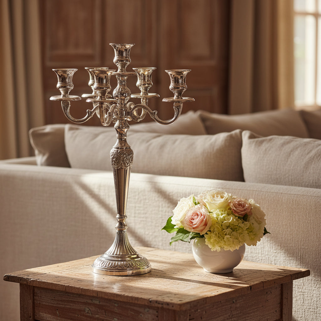 An ornate silver three-arm candelabra with intricate floral engravings on the stem and base, set against a plain white background.