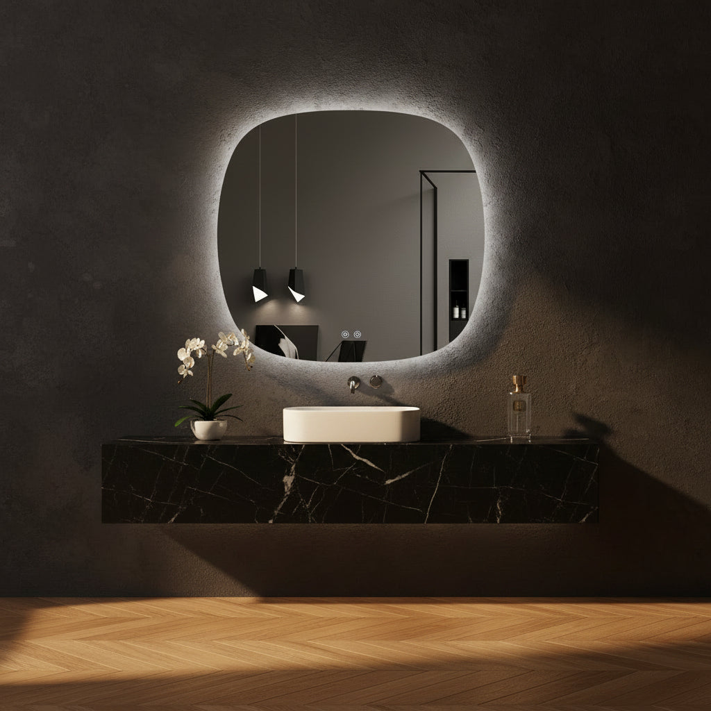 Round mirror reflecting a modern interior design with minimal furniture.