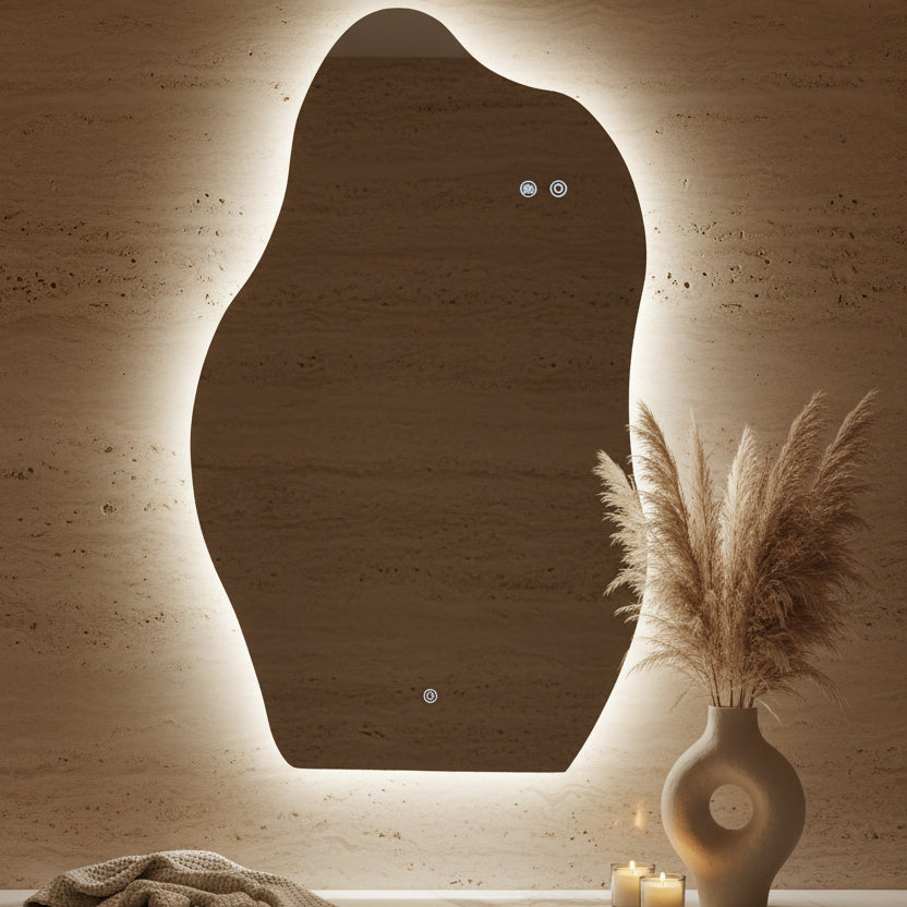 Modern wall-mounted mirror with black frame and illuminated edge in a dark setting