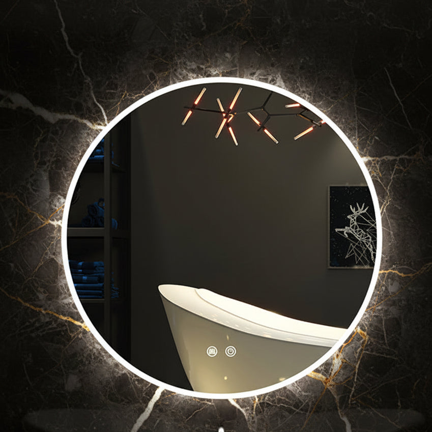Round illuminated mirror reflecting a modern bathroom with a bathtub and decorative lights.