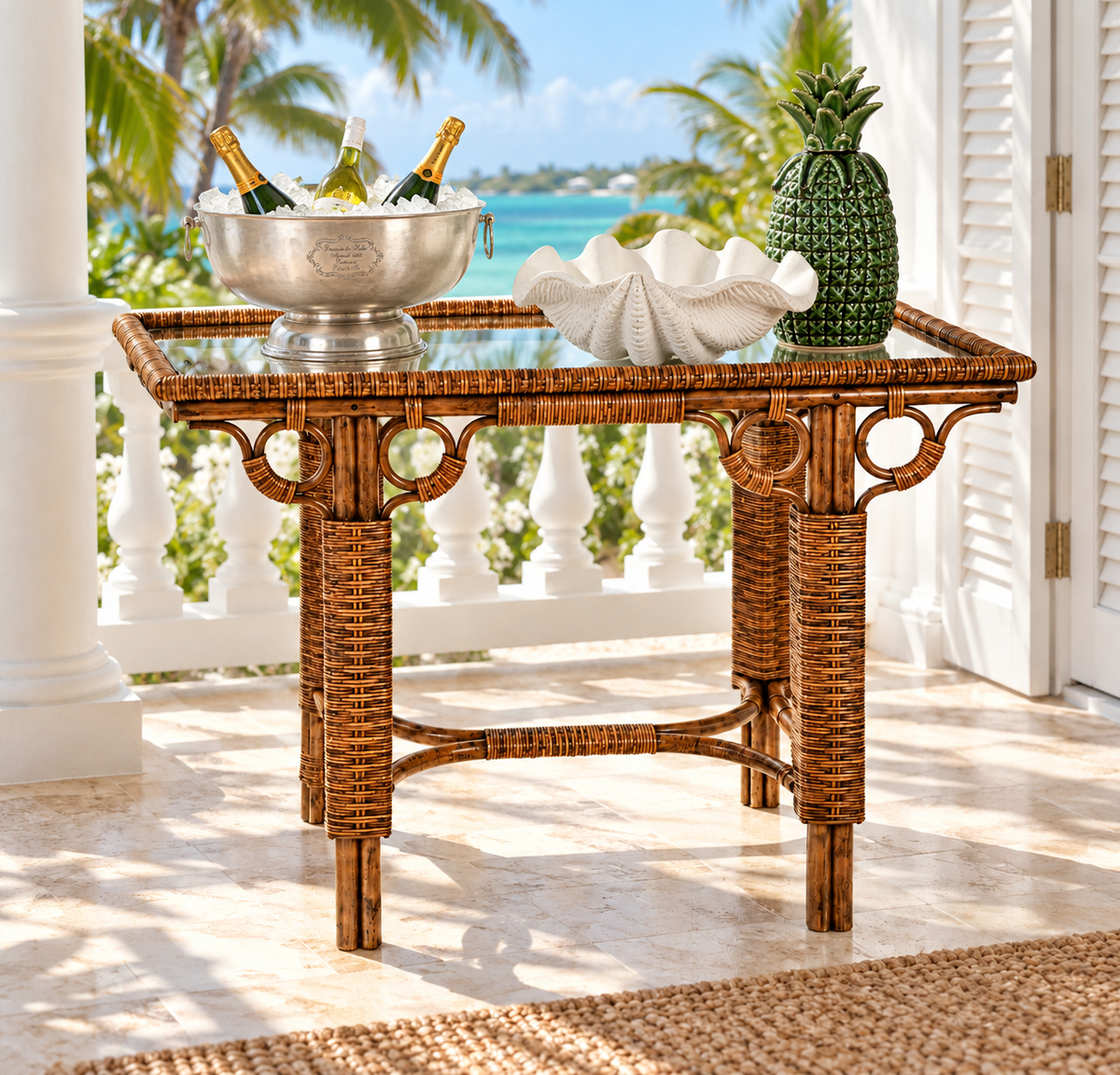 Rattan Server with Tinted Brown Glass