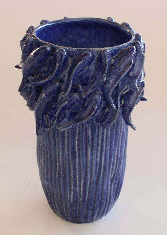 TALL BLUE FISH CERAMIC VASE