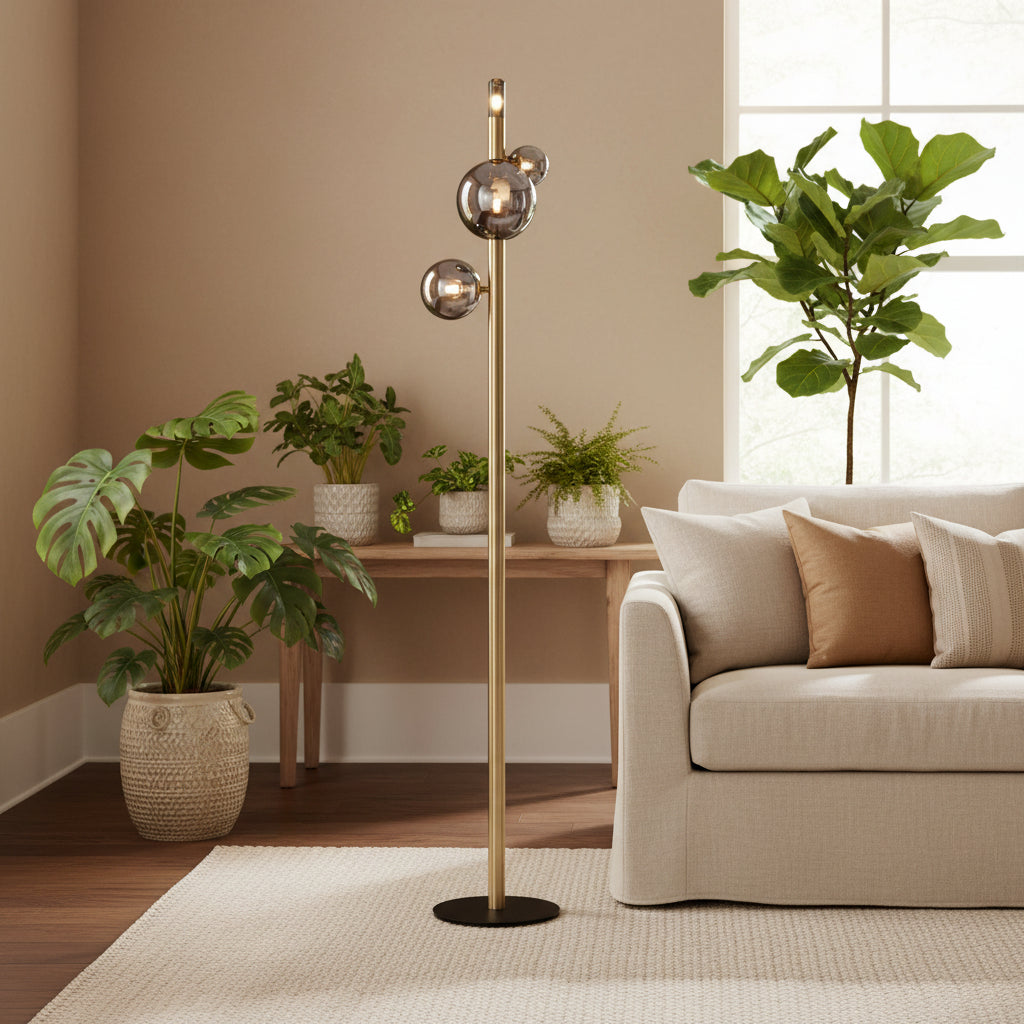 Modern floor lamp with spherical design on a white background