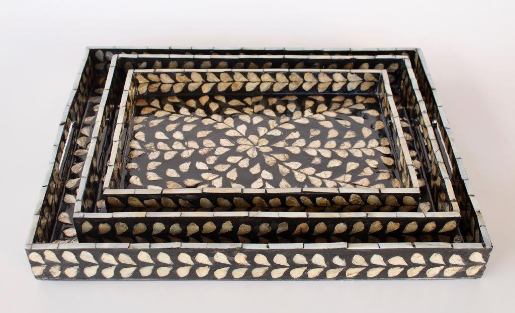 Set of 3 Black and Silver Rectangular Capiz Trays