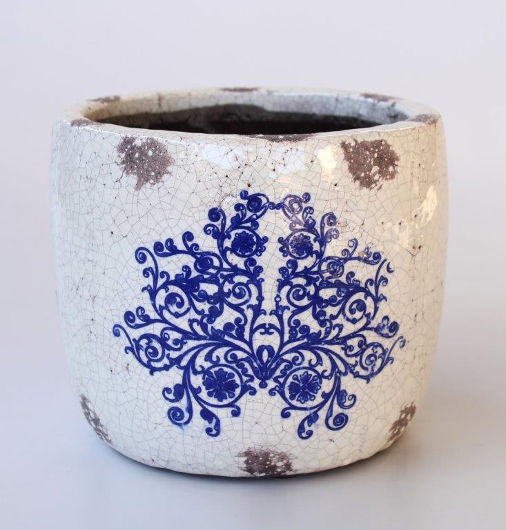 Blue & White Distressed Round Planter